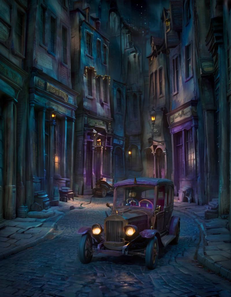 04442-2922101004-stopmotion, a Antique car in Diagon Alley landscape at Nighttime _lora_STOPMO_2.0_RC_1_.png